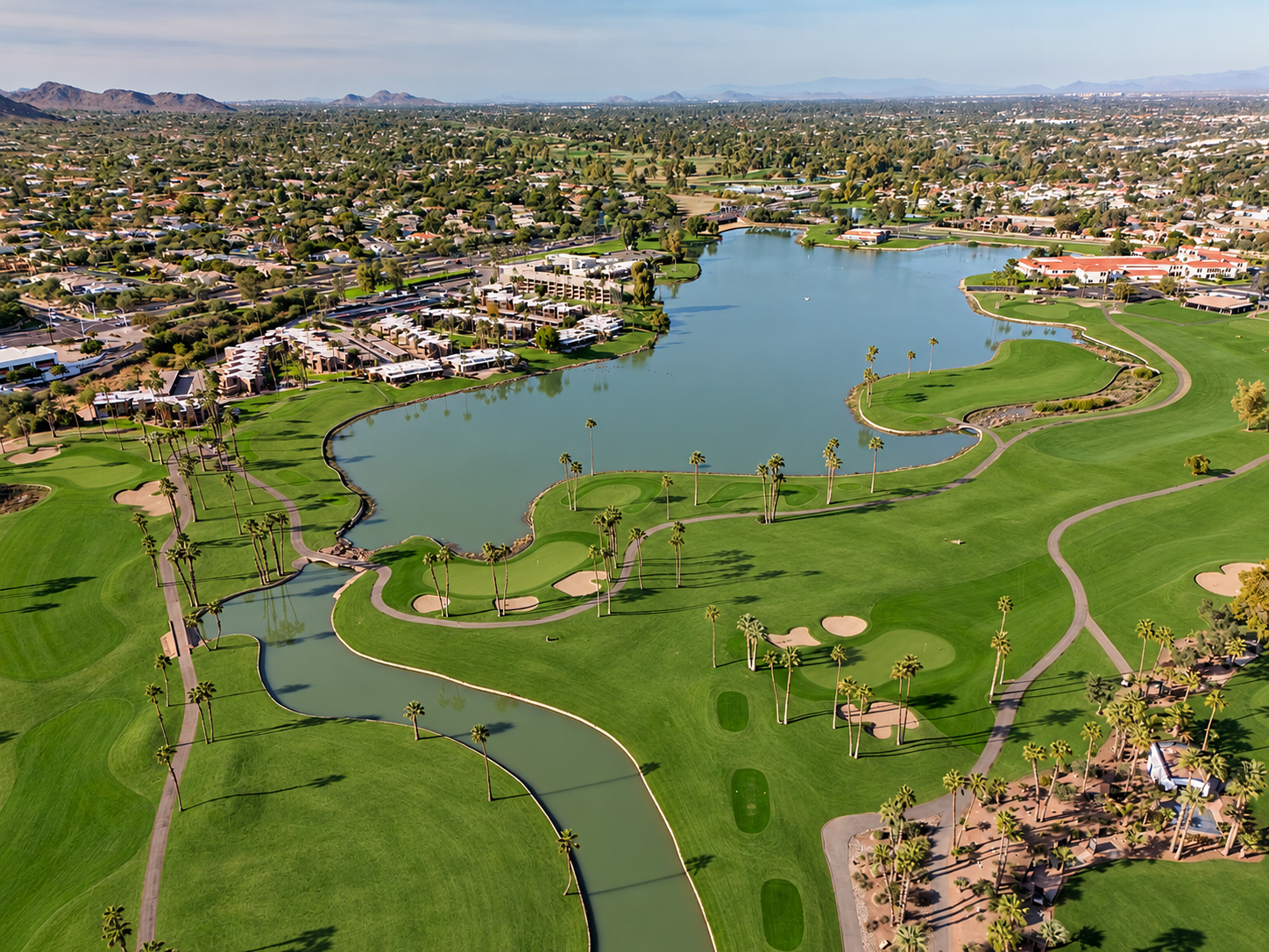 McCormick Ranch Golf Club and lake seen from above, with digitally enhanced green turf